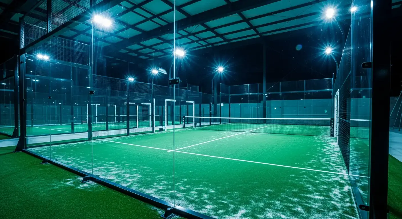 Professioneller Padelplatz mit Glaswänden, LED-Beleuchtung und Kunstrasen, Referenzbild für Padelplatz-Baukosten in Deutschland