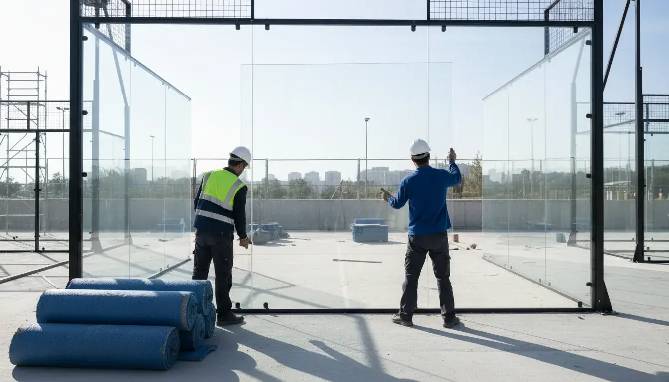 Zwei Monteure mit Schutzhelm setzen große Glasscheiben in den schwarzen Stahlrahmen eines Padel-Courts, daneben liegen Kunstrasenrollen