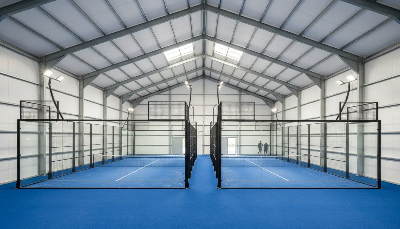 Gedämmte Stahlhalle mit zwei Padel-Courts nebeneinander, weißen Sandwichpaneelen und LED-Beleuchtung