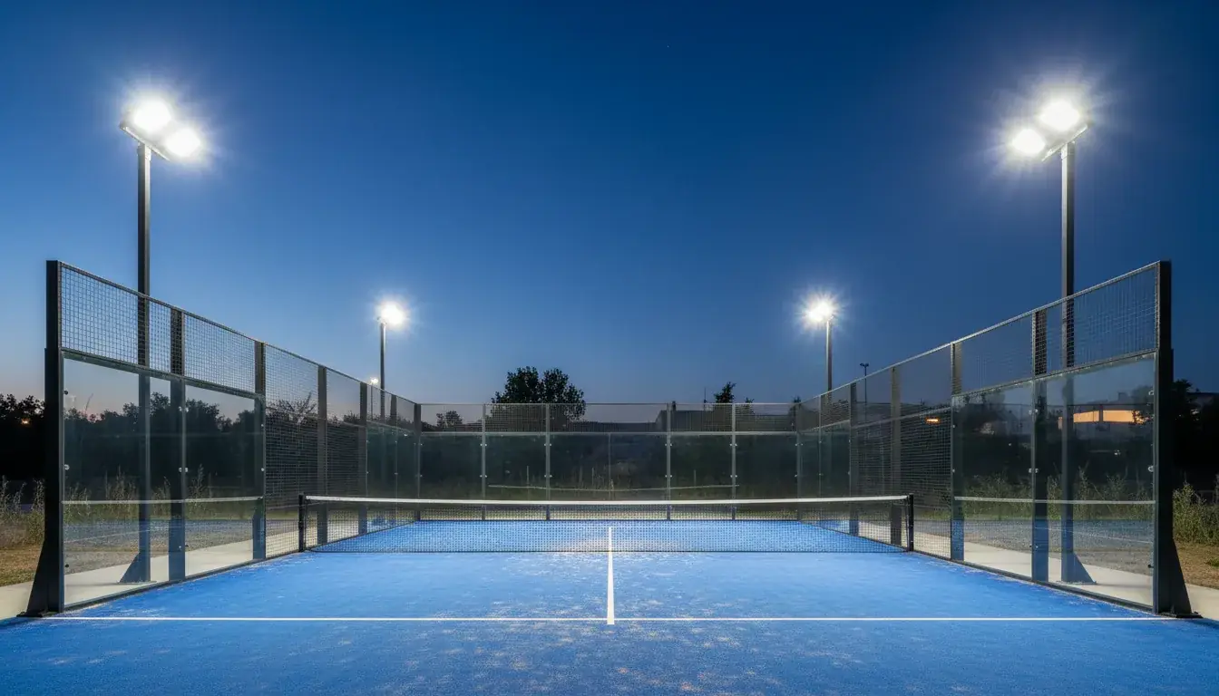 Leerer Außen-Padelplatz in der Abenddämmerung, beleuchtet von LED-Strahlern auf hohen Masten an den Ecken
