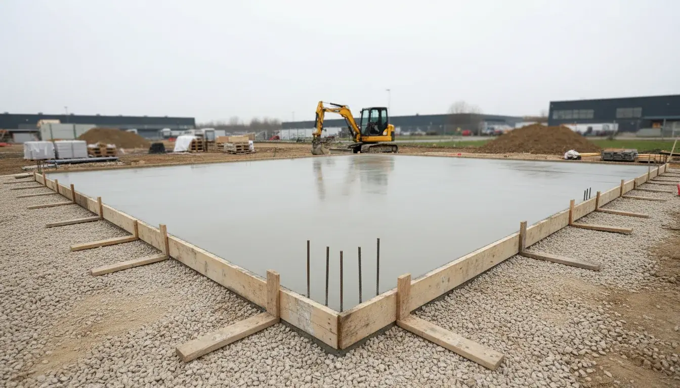 Frisch gegossene Betonplatte für einen Padelplatz in einer Holzschalung auf Schotter, im Hintergrund ein Bagger