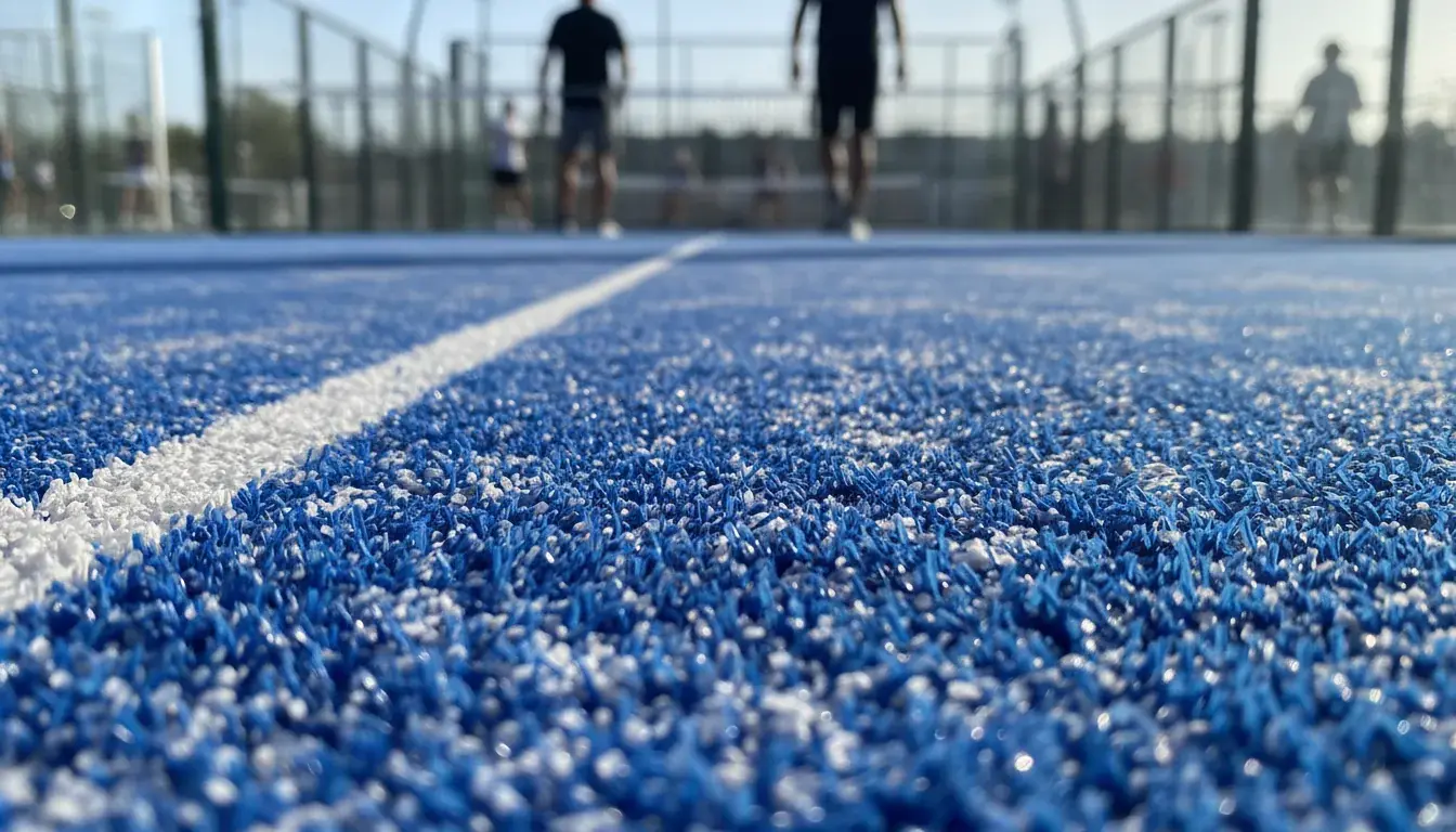 Nahaufnahme von blauem Padel-Kunstrasen mit hellem Quarzsand zwischen den Fasern und einer weißen Linie
