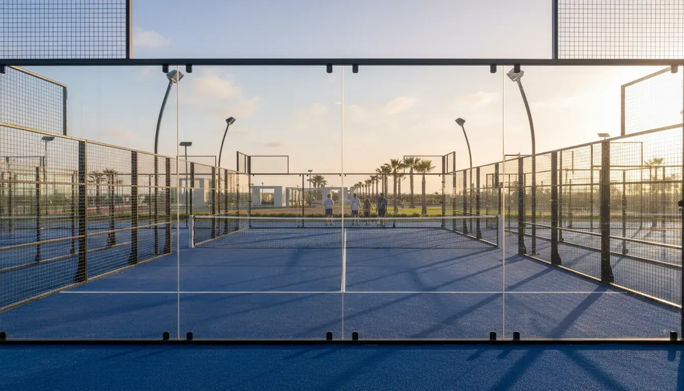 Blick durch die pfostenlose Glas-Rückwand eines Panoramic-Courts auf das blaue Spielfeld
