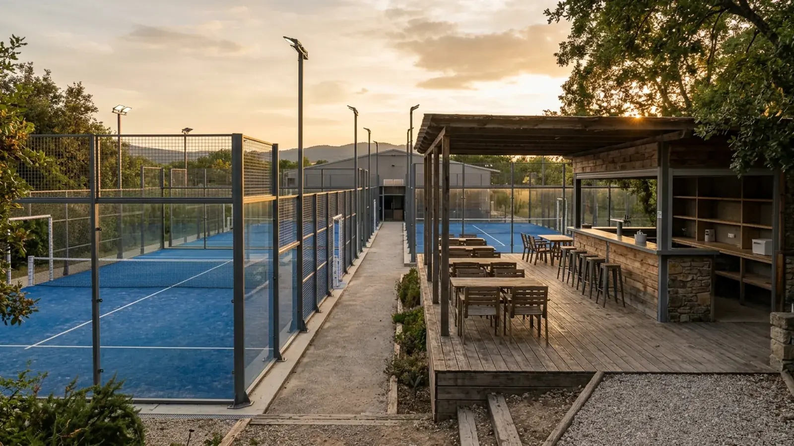 Zwei Padel-Courts einer gewerblichen Anlage mit Terrasse, Tischen und Getränketheke daneben