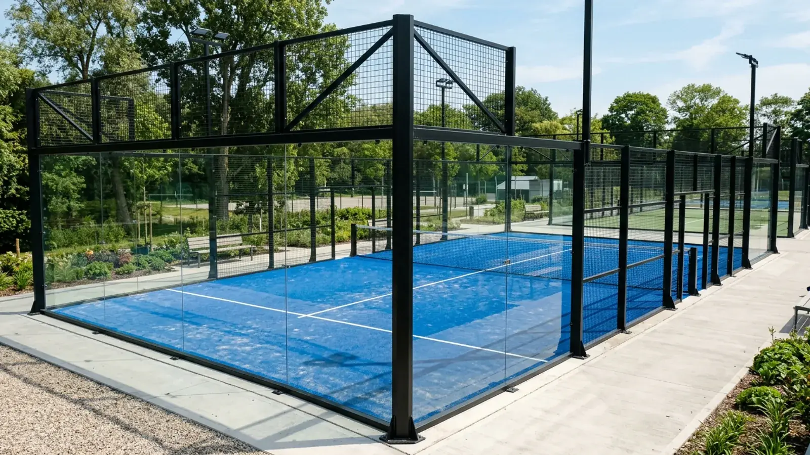 Fertiger Padel-Court im Freien mit schwarzem Stahlrahmen, Glasrückwänden und blauem Kunstrasen