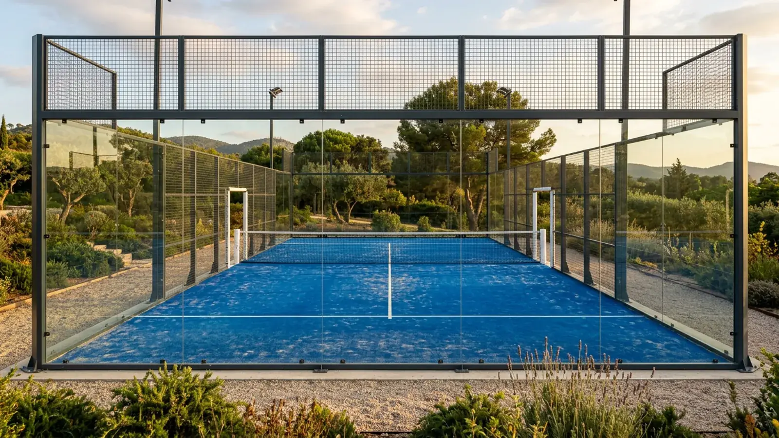 Panorama-Court mit großen Glaswänden und blauem Kunstrasen im Abendlicht