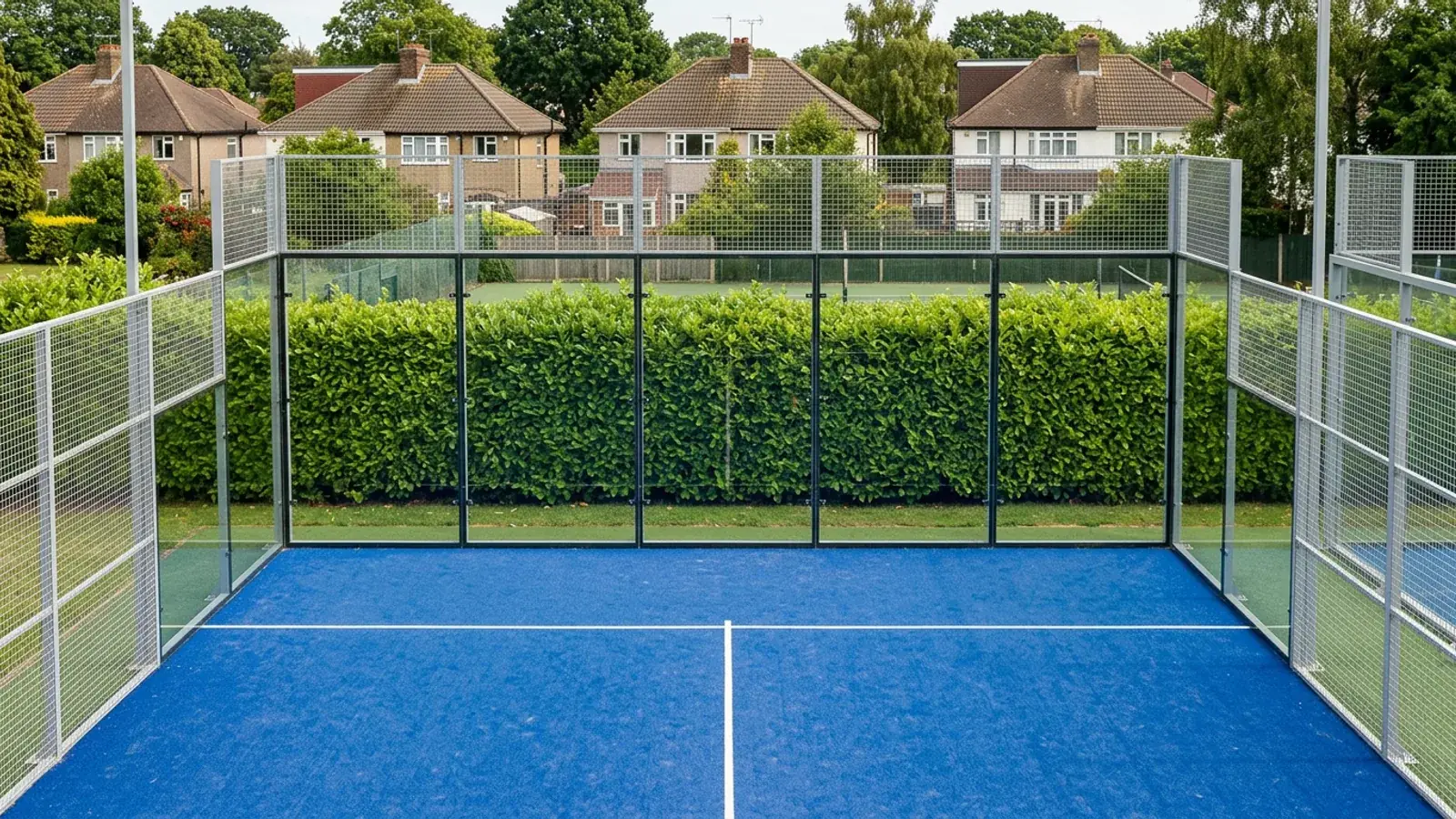 Padel-Court am Rand eines Sportgeländes, dahinter eine Hecke und eine Reihe von Wohnhäusern