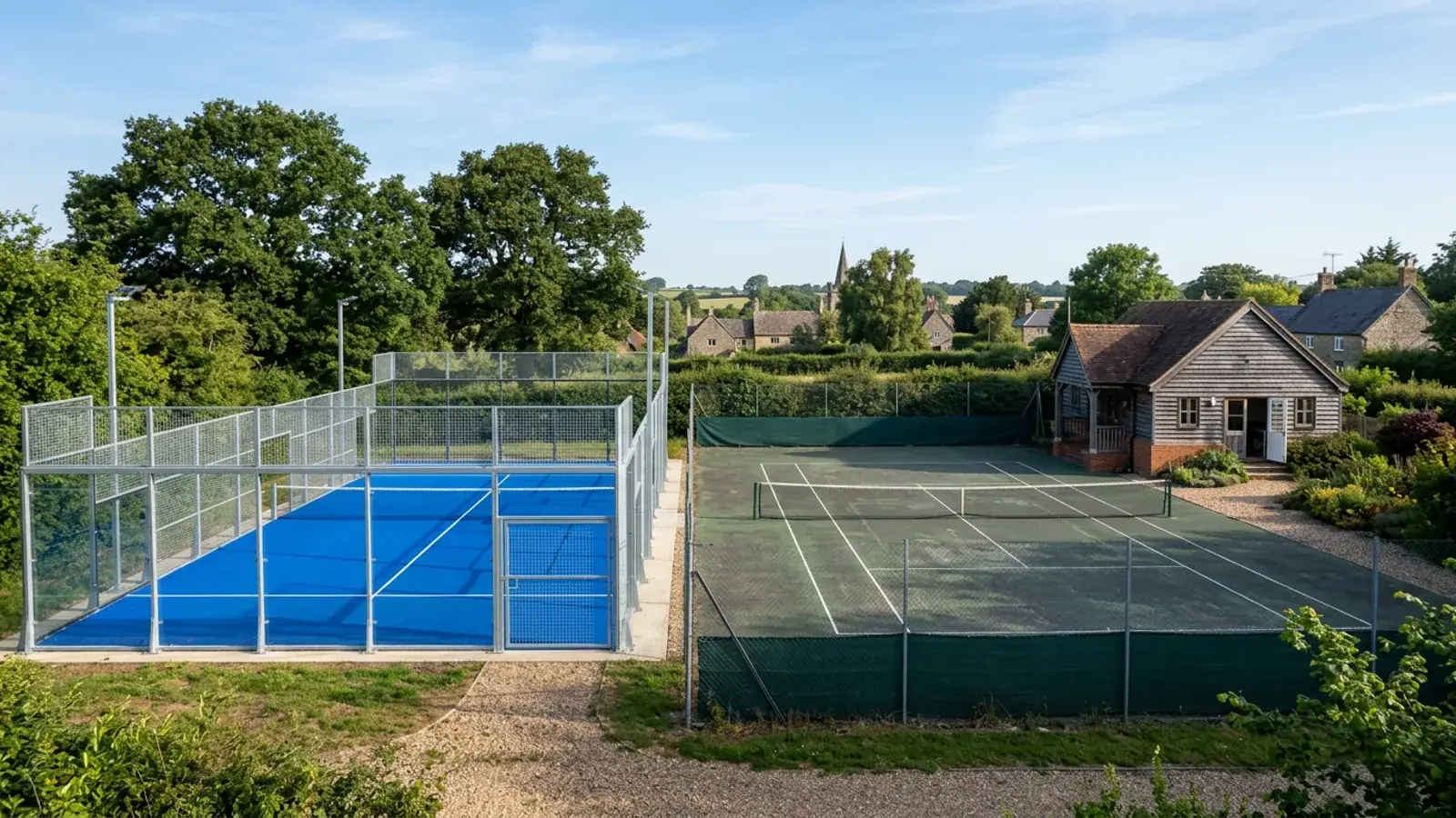 Neuer Padel-Court auf einer Vereinsanlage neben einem älteren Tennisplatz und dem Clubhaus