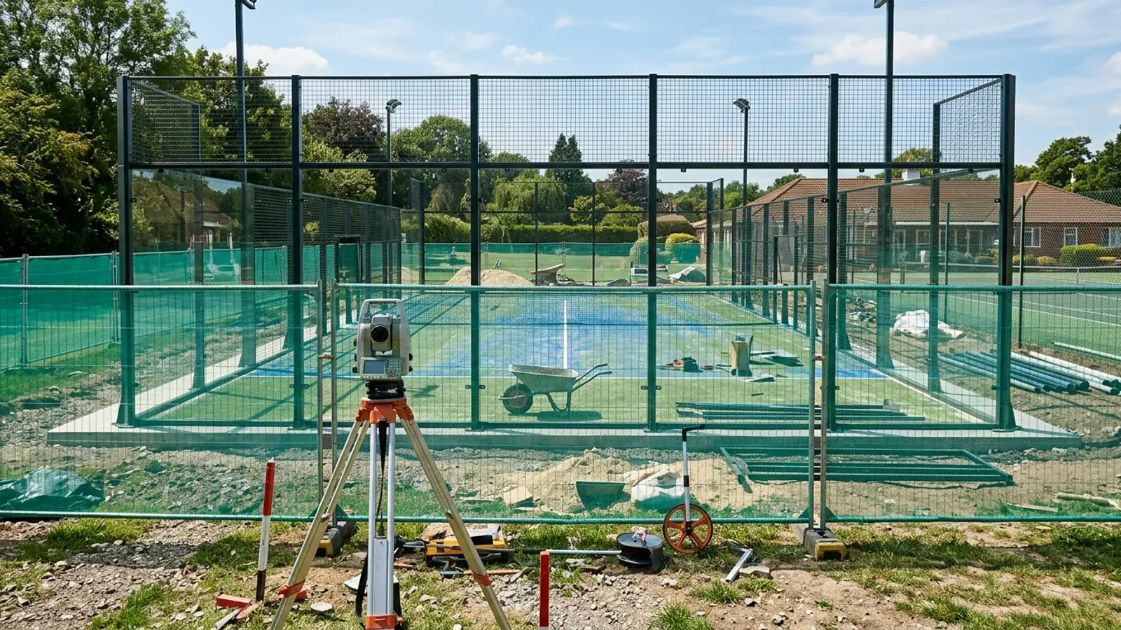Padel-Baustelle hinter einem grünen Bauzaun auf einem Sportgelände, davor ein Vermessungsstativ