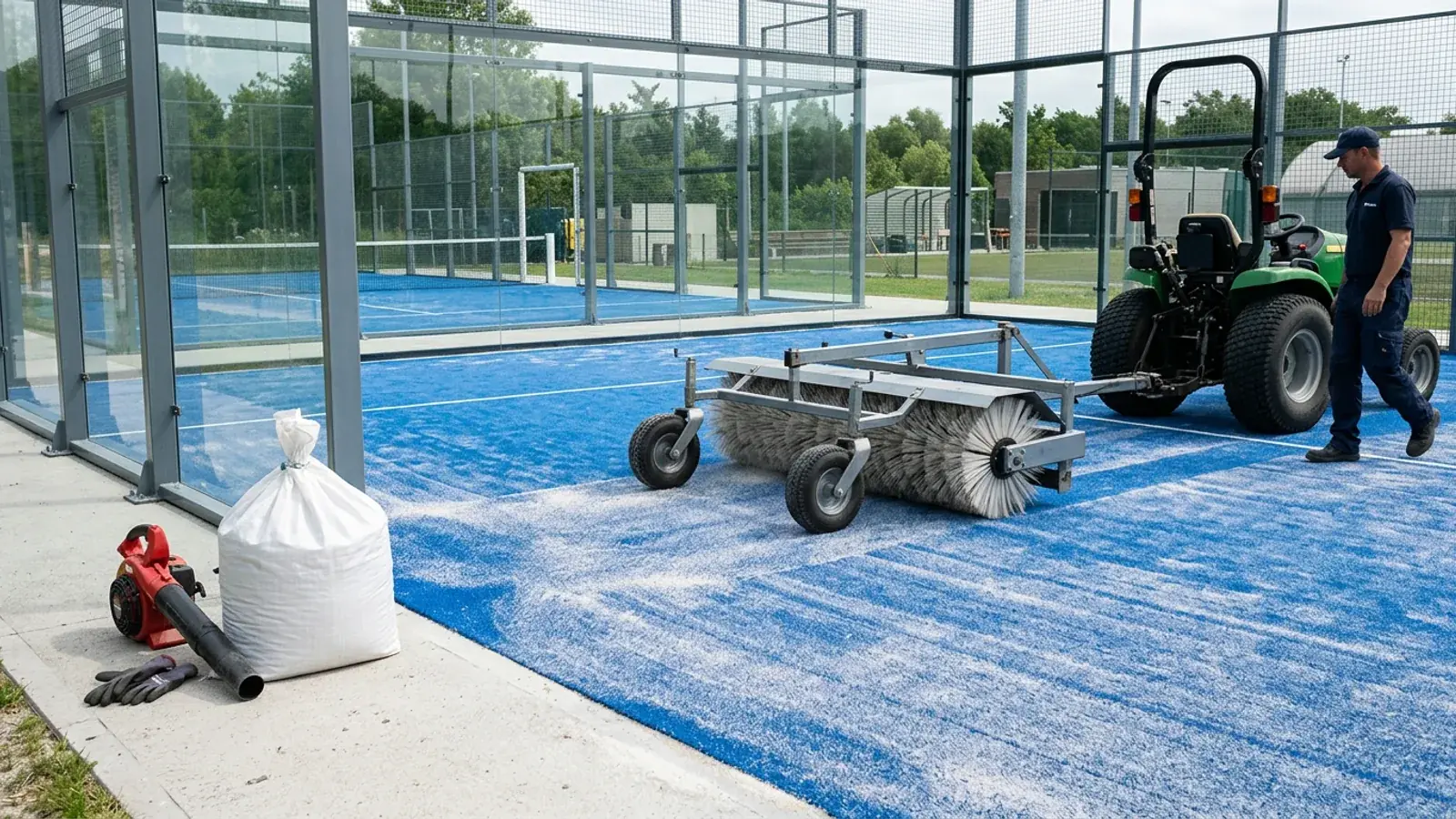 Pflege eines Padel-Courts: eine Bürstenmaschine zieht über blauen Kunstrasen, daneben Sandsack und Laubbläser