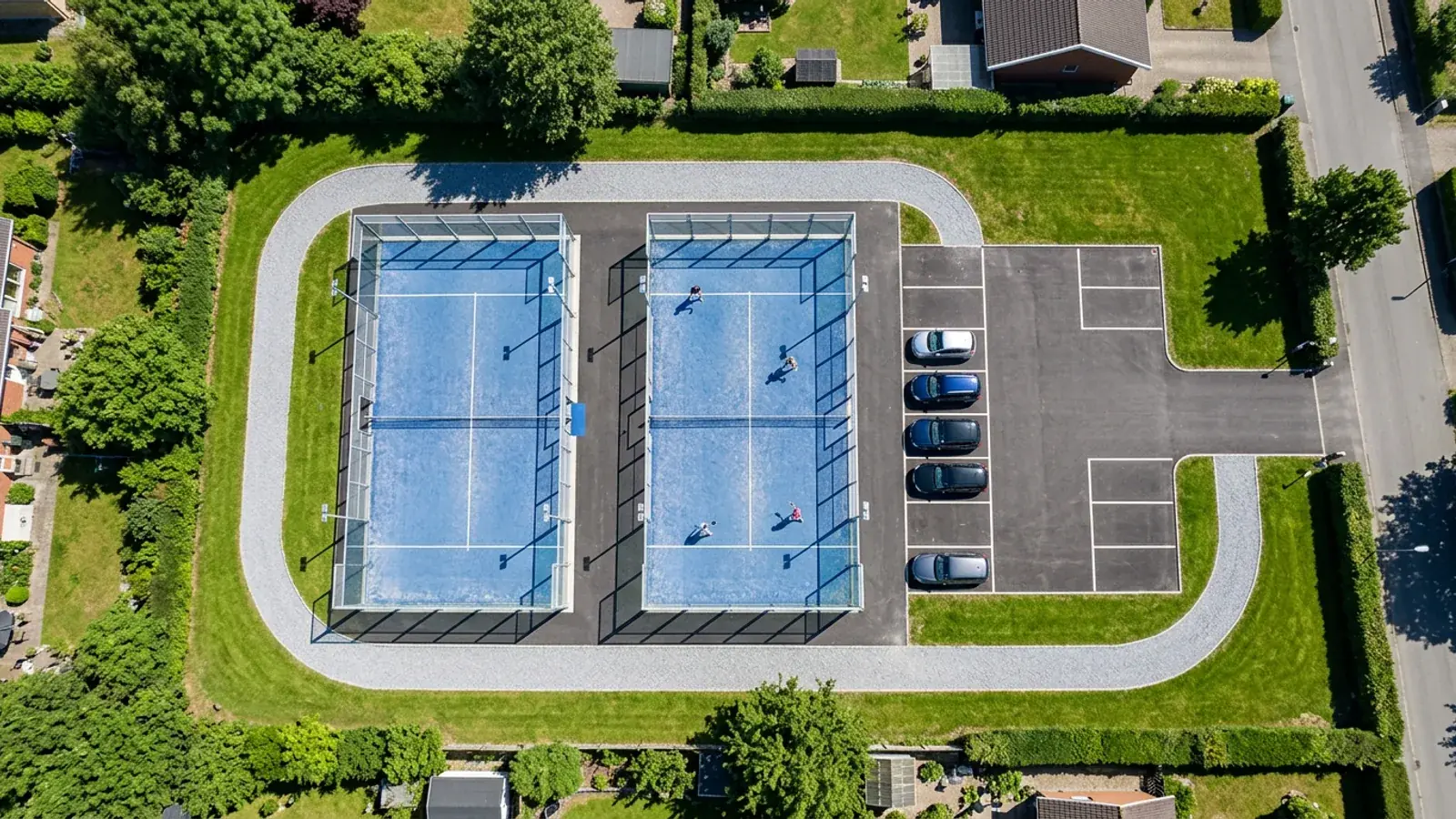 Luftbild von zwei Padel-Courts mit Zufahrt, Stellplätzen und Rasenstreifen ringsum