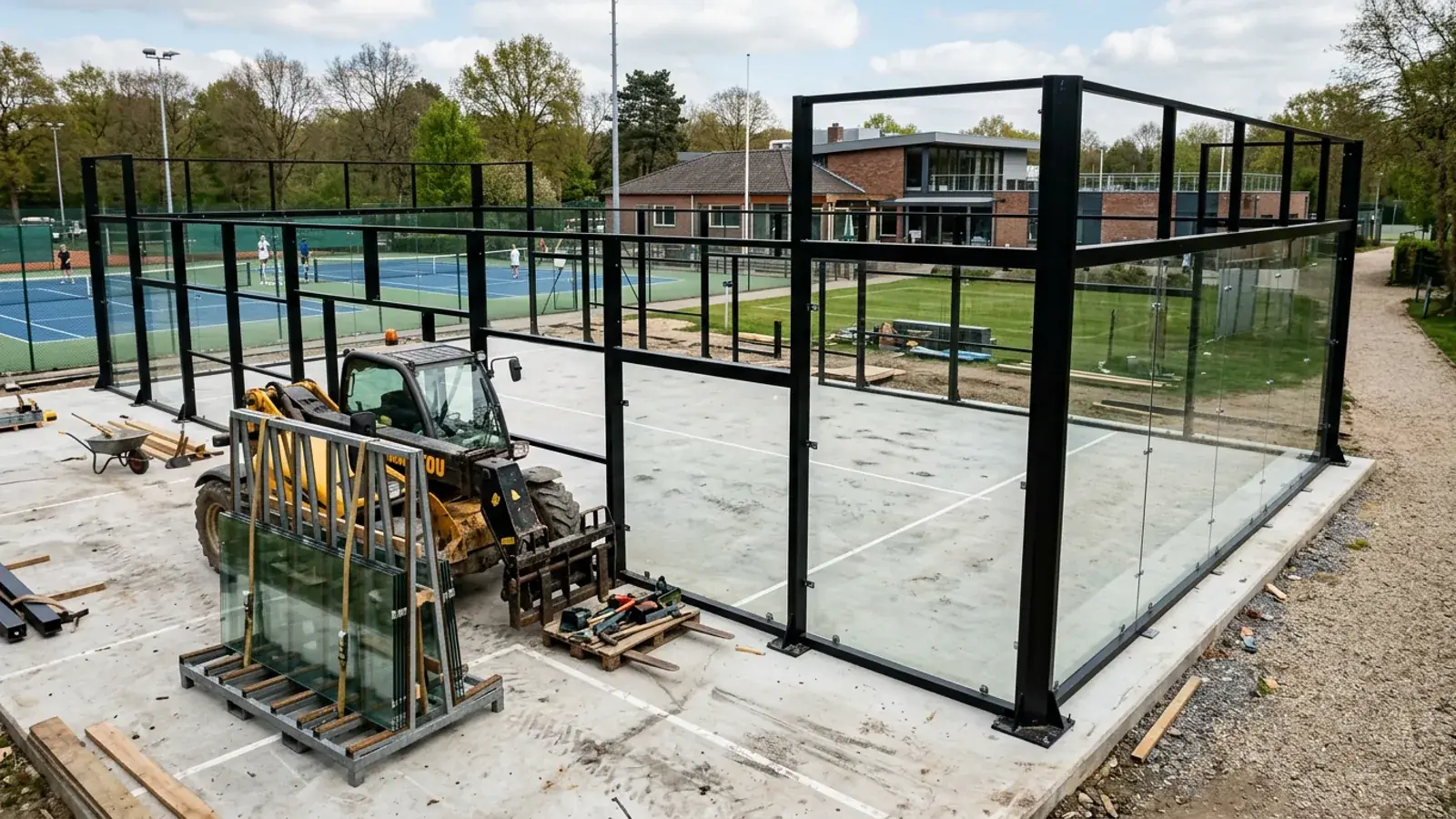Halb fertiger Padel-Court: Stahlrahmen auf der Bodenplatte, zwei Glasscheiben gesetzt, weitere auf dem Gestell