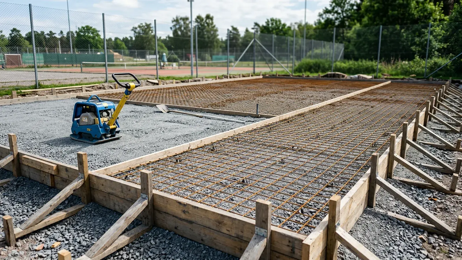 Verdichteter Schotter-Unterbau mit Holzschalung und Stahlmatten vor dem Betonieren der Bodenplatte